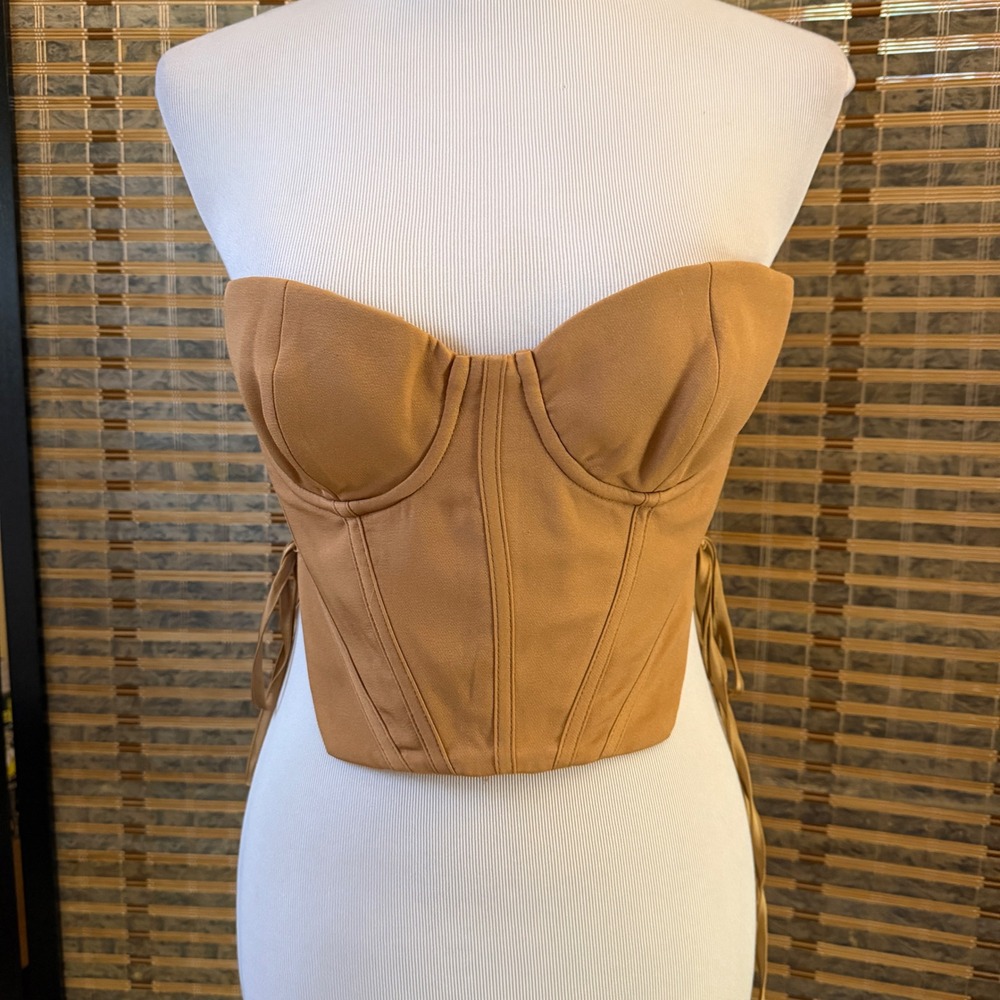 36point5 Corset Top Women Small Tan Lace Up Side Boned Strapless T2086